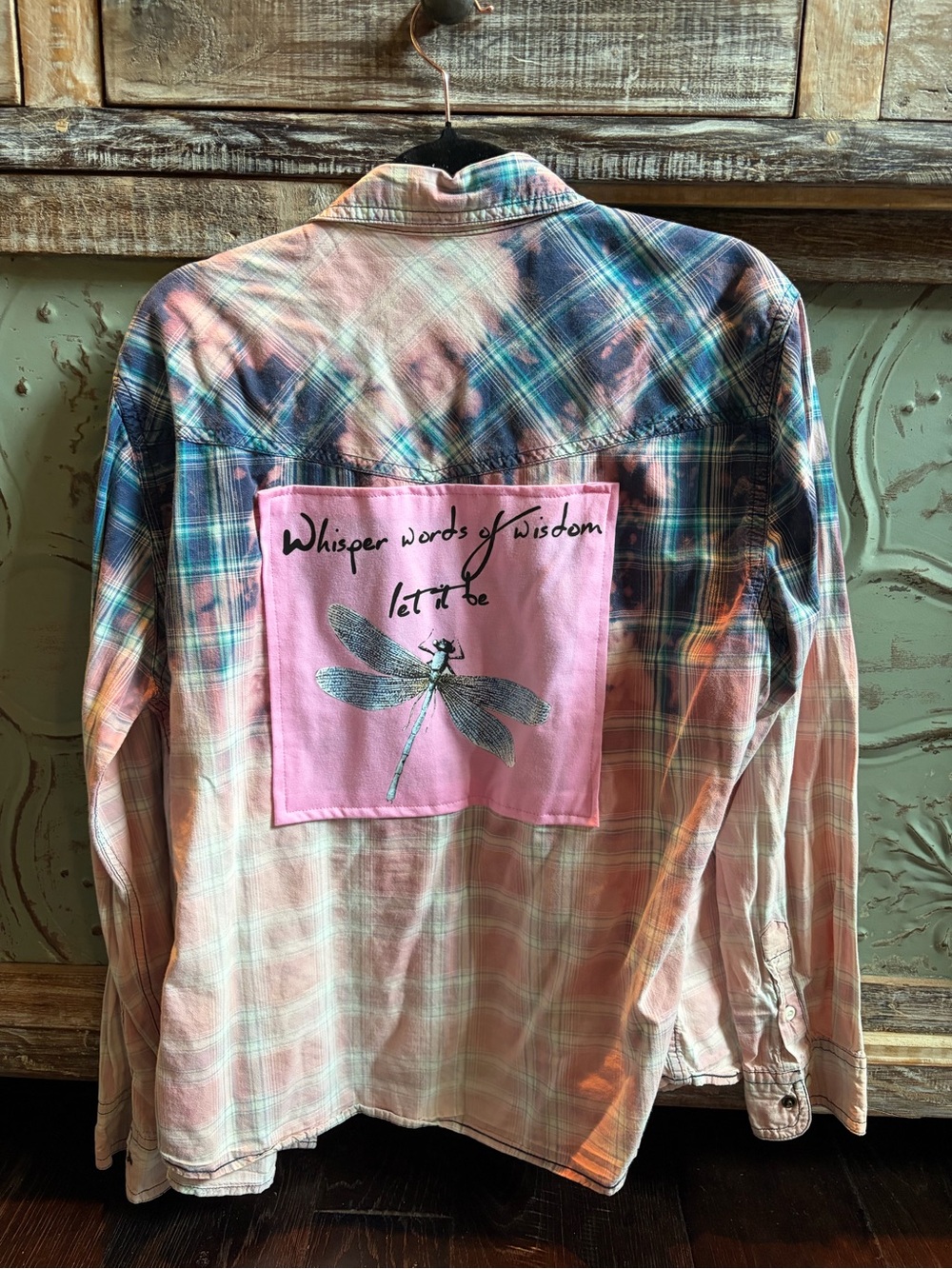 Upcycled Women’s Oversized Plaid Button-Up Shirt wDragonfly Patch - Pink & Blue